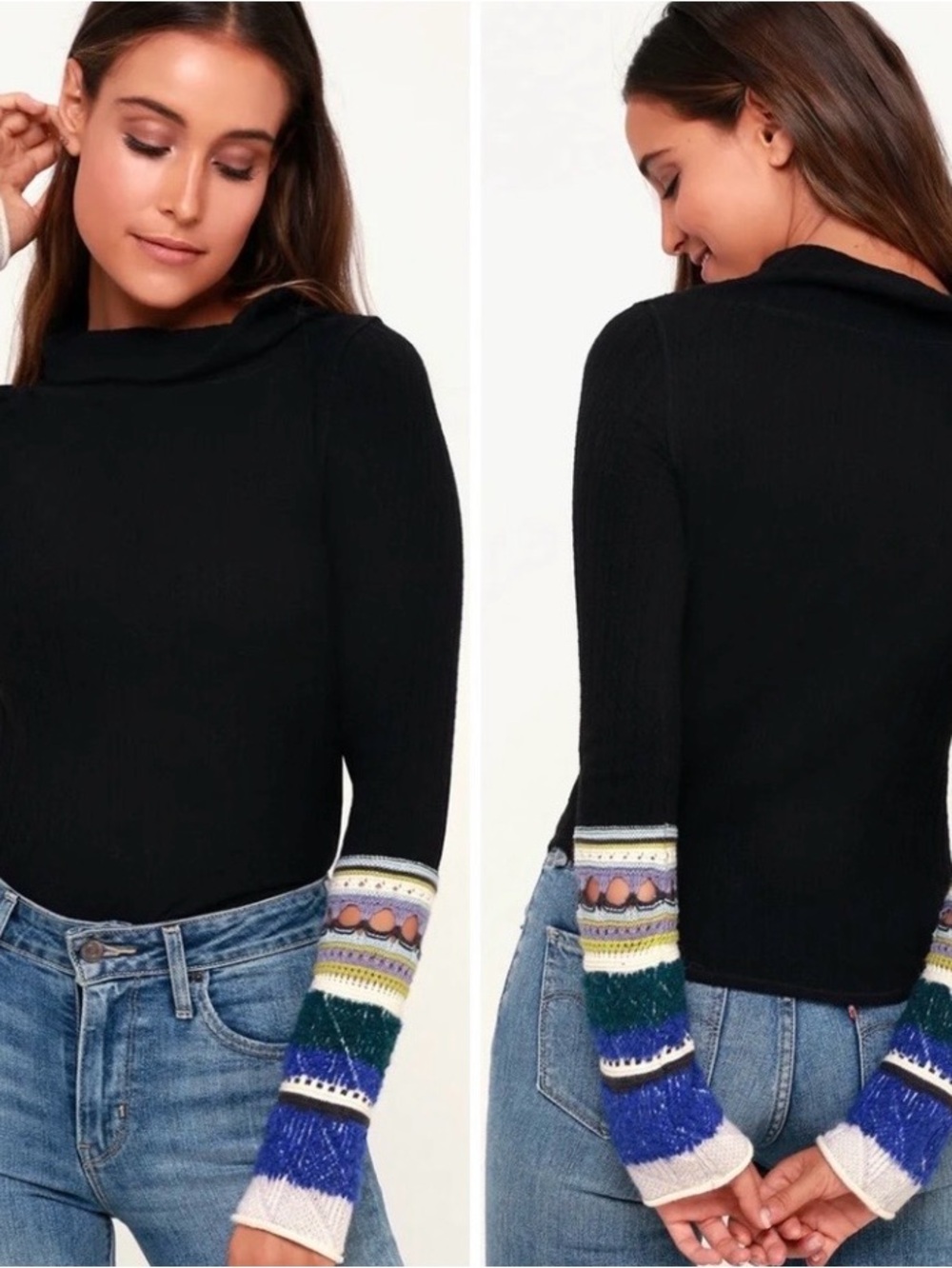 Free People Mixed-Up Cuff Thermal Black Top with Multicolor Cuffs Size XS NWT